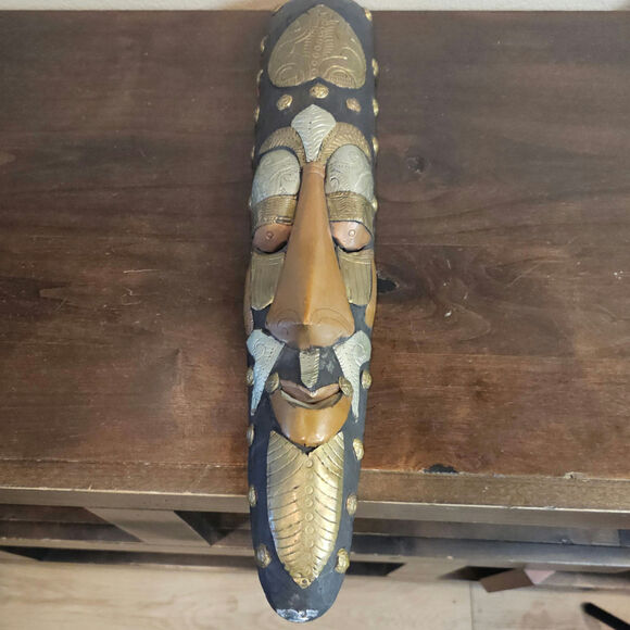 Handmade Vintage Long Face Brass and Wooden Wall Art - Picture 1 of 5